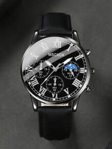 MSCXDK Multifunctional Chronograph Wrist‑Watch, Black Leather Strap Business Quartz Wristwatch With Roman Numeral Dial, Daily Accessory For Men - Multicolor - View 5