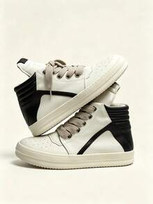 Men's High-Top Platform Sneakers Cream Skate Shoes Retro Casual Walking Trainers With Easy-Clean Leather, Unisex Couple Style, Back To School Streetwear Essential - 米色 - 查看 3