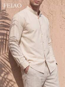 FEIAO Men's Vintage-Style Cotton Long-Sleeve Shirt With A "Worn-In" Look-Gets Softer With Every Wash, Stylish, Casual, And Versatile - Apricot - View 4