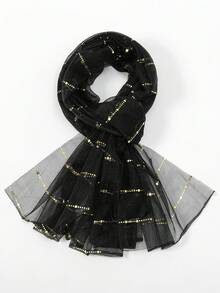 1件女款輕量純色亮片圍巾頭巾 中東風裝飾披肩 防曬披巾 適合日常使用 - S40914-黑色 - 查看 5