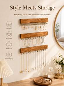 1 Set Natural Wooden Wall-Mounted Jewelry Storage Rack, Rustic Style Necklace & Earring Display Stand, Multi-Hook Design, Space-Saving Jewelry Organizer, Suitable For Bedroom, Vanity, Dressing Room, Home Decor - Multicolor - View 2