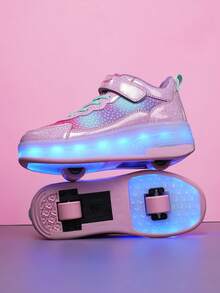 BLSART Kids Starry Sky Gradient Light-Up Detachable 4-Wheel Roller Skate Shoes, Student Sports Casual Shoes - Pink - View 5