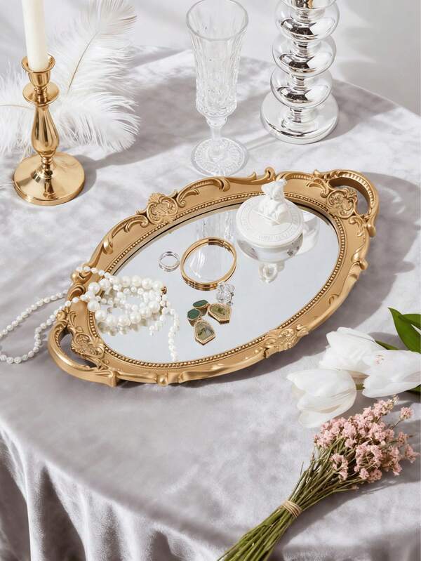 1pc Vintage Glass Mirror Jewelry Tray - Elegant Jewelry Display Organizer, Tabletop Decoration Ornament - Perfect Living Room Decor For Women Storage Organizer Travel Essentials Gift,Valentine's Day And Christmas Gifts.
