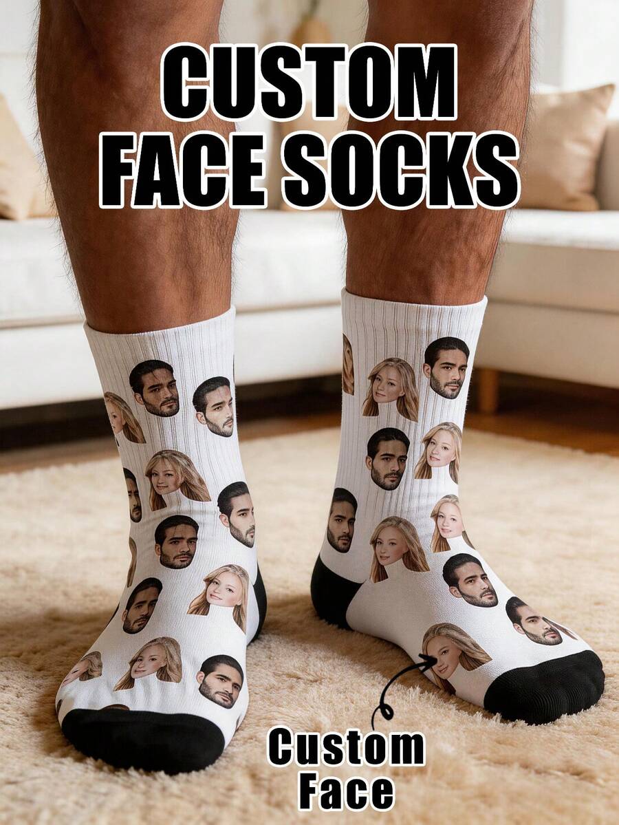1 Pair Custom Face Crew Socks White Body With Black Toe Personalized Photo Print Custom Mid-Calf Socks Novelty Souvenir Gift - Multicolor - View 1