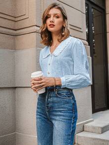 Simplee Blus Musim Gugur Berkerah Lengan Mengembang Gaya Preppy Warna Polos, Pakaian Guru untuk Wanita, Kembali ke Sekolah - Baby Blue - View 4