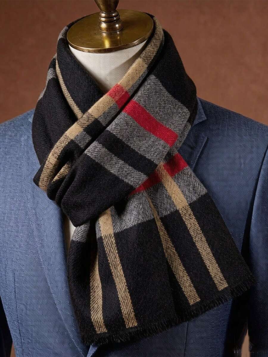 1PC Men's Autumn/Winter Plaid Double-Sided Faux Cashmere Jacquard Warm Long Scarf Shawl Suitable For Daily Wear - Multicolor - View 1