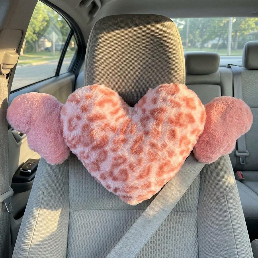 1pc Leopard Print Heart Wing Plush Car Neck Pillow, All-Season Use, Women's Car Interior Decoration