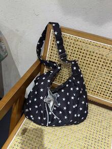 Black Background White Star Print One Shoulder Gym Bag, Lightweight And Easy To Carry For Daily Use, Can Store Toiletries, Sports Apparel And Other Fitness Gear, Paired With Star Pendant For An Exquisite And Eye-Catching Look, Versatile Style Suitable For Gym Workouts, Yoga Practice, Short Trips And Daily Shopping - Multicolor - View 5