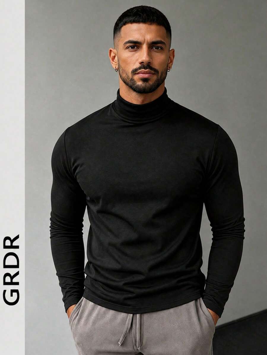 Men's Spring/Autumn Half-Turtleneck Long Sleeve T-Shirt, Suitable For Outdoor Casual Wear - Black - View 1