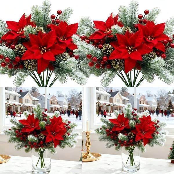 3 Stück künstliche Weihnachts-Poinsettia-Stiele, 36 cm Samt-Rot Poinsettia-Stiele mit Kiefernzweigen, roten Beeren und Kiefernzapfen, künstliche Winter-Blumenstiele, geeignet als Weihnachts-Vasenfüller, Tischdekoration, Eingangsbereich-Heimdekoration, DIY-Weihnachtskranz-Bastelmaterial