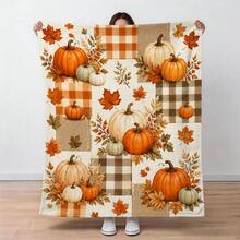 1pc Autumn Pumpkin Throw Blanket, Autumn Pumpkin Buffalo Plaid Maple Leaf Pattern Flannel Single-Sided Printed Blanket, Perfect For Holidays, Birthdays, Sofa And Home Decor - Multicolor - View 6