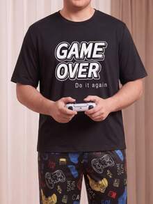 Plus Size Men's Game Controller Print Pajamas, Loose Short Sleeve Long Pants Casual Loungewear Set - Black - View 2