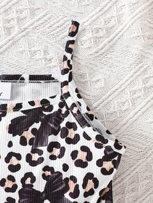 MYVLNA 2pcs/Set Pakaian Anak Perempuan Gaya Manis & Keren, Jaket Pendek Denim Lengan Panjang dengan Hiasan Pita dan Motif Leopard, Jumpsuit Camisole dengan Detail Rusak, dan Potongan Kaki Mengembang - MultiWarna - View 8