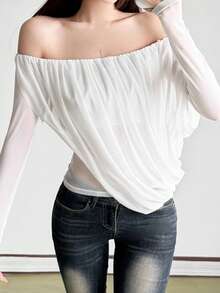 Women's Off-Shoulder Semi-Sheer Knit Top, Asymmetrical Hem, Long Sleeve Regular Fit, Suitable For Autumn Wear - White - View 5