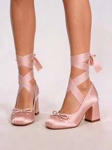 Women's Ballet High Heels Mary Janes Elegant Satin Lace Up Ballerina Chunky Heels Bow Knot Sweet Cute Party Date Versatile Shoes For Women - 杏色 - 查看 3