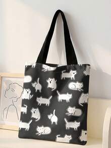 1pc Cartoon Cat Print Black Canvas Tote Bag, Lightweight Durable , Multi-Use Shoulder/Hand Bag For Students, Commuting & Daily Shopping - Black and White - View 14