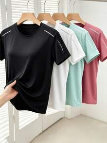 Women's Multi-Color Quick-Dry Short Sleeve Sports T-Shirt, Round Neck, Reflective Shoulder Lines, Versatile Loose Solid Color Athletic Top Summer - Multicolor - View 11