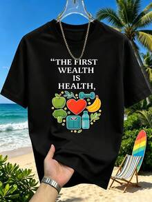 Men's Summer Health Fitness T-Shirt, Hip-Hop Street Style, Breathable, Unique Graphic Print. - Black - View 2
