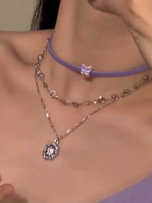 Kalung Bertingkat untuk Wanita, Gaya Manis & Keren, Rantai Kalung Choker Ungu Premium - Lilac Purple - View 2