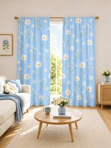 2Pcs Fresh Blue Daisy Curtains, Artistic Floral Print, Bedroom Kitchen Translucent Decorative Curtains - Multicolor - View 3