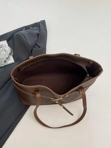 女款復古大容量手提包，時尚百搭休閒極簡通勤單肩托特包 - 咖啡 - 查看 5