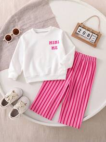 2pcs Baby Girls Autumn Letter Fruit Banana Print Long Sleeve Sweatshirt Contrast Color Striped Elastic Waist Wide Leg Pants Children Spring Fashion Cute Outfit - Rose Red - View 2