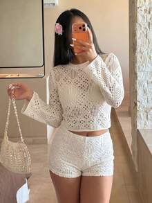 2026 New Autumn Women's Flared Cuff Hollow Design Semi-Transparent Cover-Up Casual Elegant Street Knit Round Neck Long Sleeve White Cover Up Vacation - White - View 5