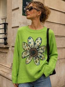 Women's Green Ribbed Knit Polyester Long Sleeve Pullover Sweater, Bright Floral Pattern, Suitable For Autumn/Winter Casual Daily Wear Fall - Green - View 7