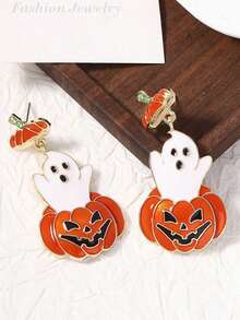 1pc Novel Halloween Pumpkin Earrings, Micro-Inlaid Rhinestones With Enamel Coating, Fun Exaggerated Ear Jewelry - Orange - View 2