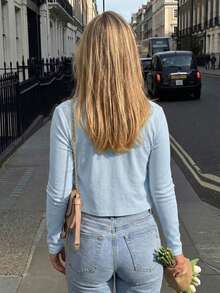 Fashionable Street Style Button-Up Cardigan, Solid Color Slim Fit Long Sleeve Top Spring - Blue - View 4
