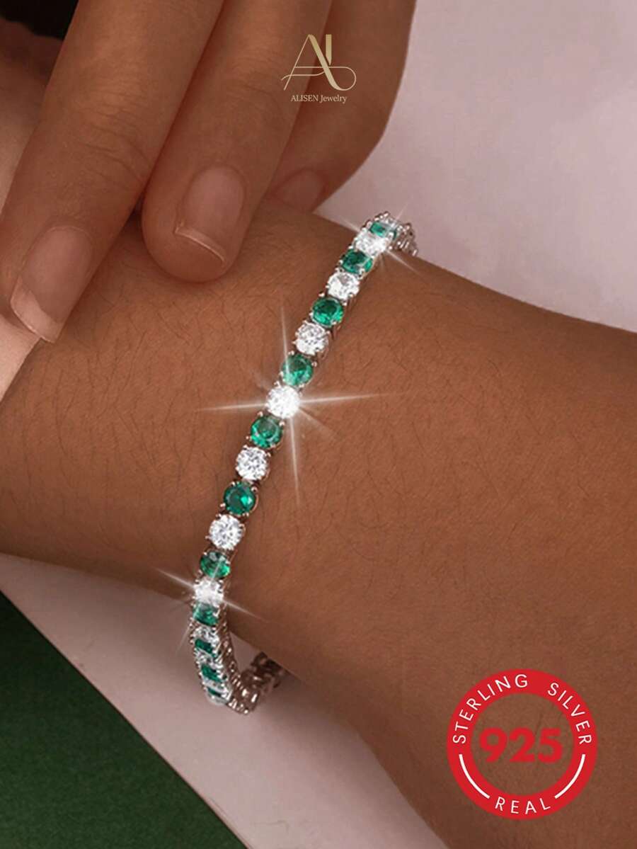 1 件简约时尚 925 纯银方晶锆石几何方形网球风格手链,适合女士,适合日常佩戴、派对和节日 - 綠色 - 查看 1