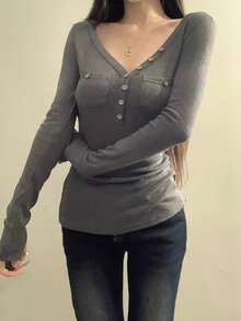 Sexy V-Neck Fitted Long Sleeve Knit Top, Waist-Cinching Inner Layer, Autumn T-Shirt For Women - Dark Grey - View 6