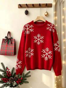 HOMEYEE Christmas Red Snowflake Jacquard Round Neck Knitted Sweater Women Loose Lazy Drop Shoulder Long Sleeve Holiday Atmosphere Pullover Top - Red - View 7