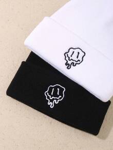 2 Peças Conjunto de Gorro Bordado Minimalista para Mulheres e Homens, Gorro de Malha com Gráfico de Desenho Animado Fofo, Gorro Quente Casual de Streetwear, Presente Combinado para Casais - Multicolorido - Visão 3