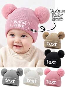 1pc Personalized Name Winter Knit Hat, Customized Newborn Baby Toddler Children Pom Pom Knit Hat, Personalized Name Knit Hat, Ideal Gift - Multicolor - View 1