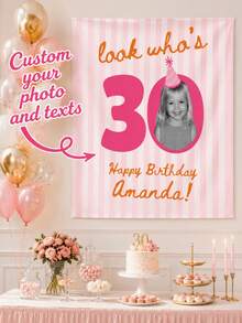 1pc 30th Birthday Customized Tapestry, Personalized Photo Wall Hanging, Birthday Party Backdrop, Pink Celebration Decor, Birthday Gift For Female Friend And Family - Multicolor - View 1