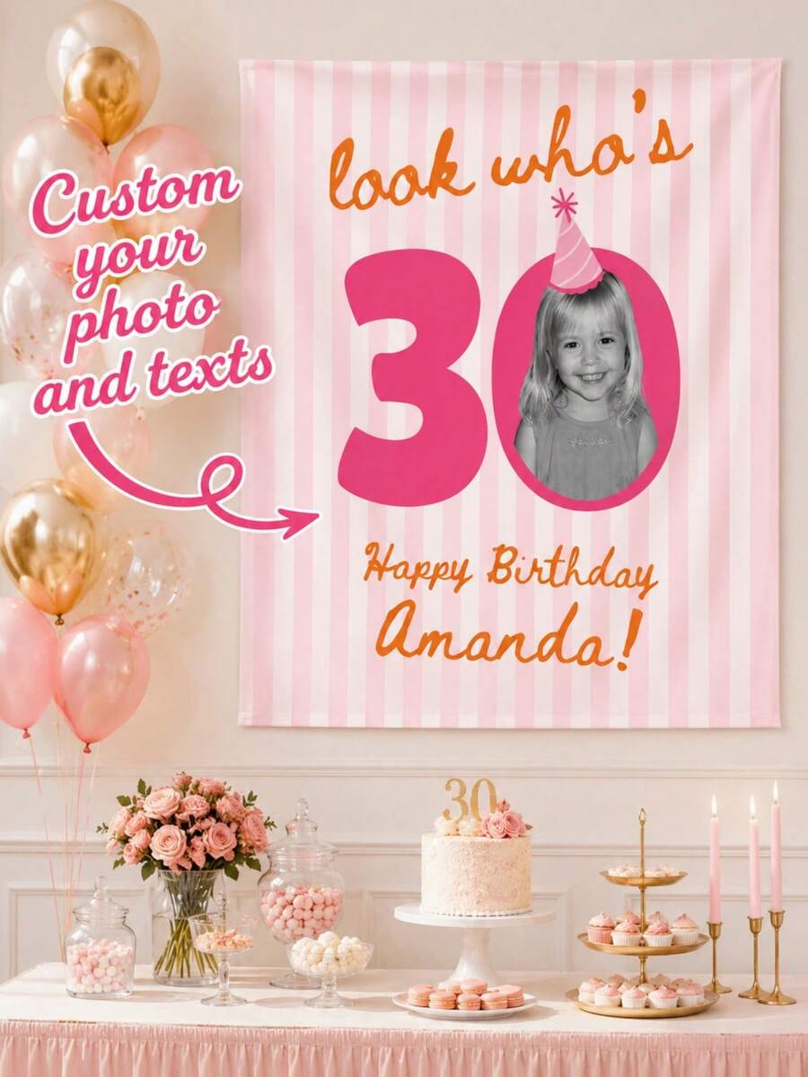 1pc 30th Birthday Customized Tapestry, Personalized Photo Wall Hanging, Birthday Party Backdrop, Pink Celebration Decor, Birthday Gift For Female Friend And Family - Multicolor - View 1