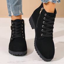 Women's Round Toe Chunky Heel Lace-Up Boots With Side Zipper And Buckle Decor, Cool Style Ankle Boots For Autumn/Winter Outdoor Commute - Black - View 4