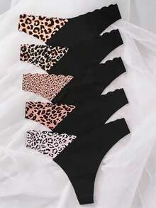 Mystèrelle 5pcs Seamless Scallop Design Women Underwear, Comfortable Contrast Color Thong Panties, Leopard Print & Silk-Like Fabric - Multicolor - View 4