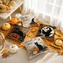 Autumn Halloween Black Cat Ghost Pumpkin Cushion Cover 4pcs Set, Single-Sided Printed Peach Skin Velvet Polyester Material, 45*45CM/18*18inch Pillow Covers Suitable For Room Decoration, Modern Minimalist Sofa Living Room Decor, Gift Giving, Party Decoration - Multicolor - View 8