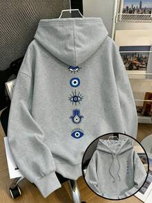 Plus-Size Casual Retro Hoodie For Women, Featuring An Evil Eye Print, Drawstring Pockets, And Perfect For Outdoor Wear In Autumn And Winter. - Grey - View 1