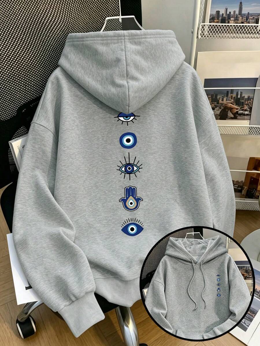 Plus-Size Casual Retro Hoodie For Women, Featuring An Evil Eye Print, Drawstring Pockets, And Perfect For Outdoor Wear In Autumn And Winter. - Grey - View 1