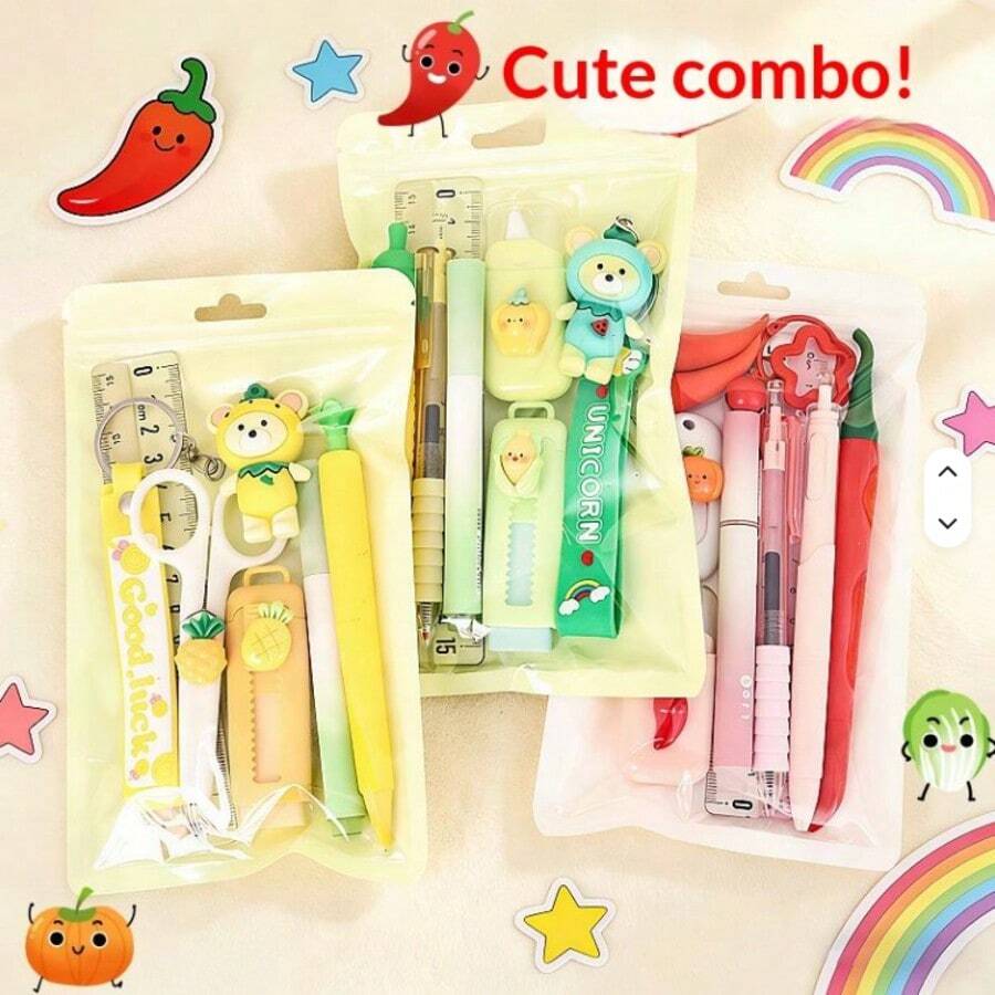 1 Set Portable Vegetable Series Stationery Set, Multi-Function Neutral Pen, Eternal Pencil, Highlighter, Back To School Student Gift - Multicolor - View 1