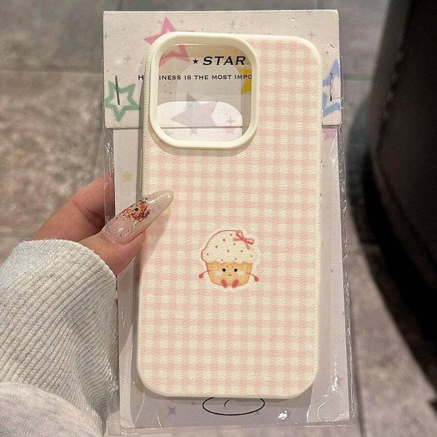 1pc TPU Material Sweet Cute Cupcake Pink Plaid Pattern Phone Case Compatible With IPhone 17 Pro Max/17/16 Pro Max/15/13/12/11/ S20 FE/A15/S24/A55/ Note 11/Note 12/Note 13 Pro Full Coverage Anti-Drop Soft Shell Protective Cover - White - View 1