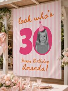 1pc 30th Birthday Customized Tapestry, Personalized Photo Wall Hanging, Birthday Party Backdrop, Pink Celebration Decor, Birthday Gift For Female Friend And Family - Multicolor - View 2