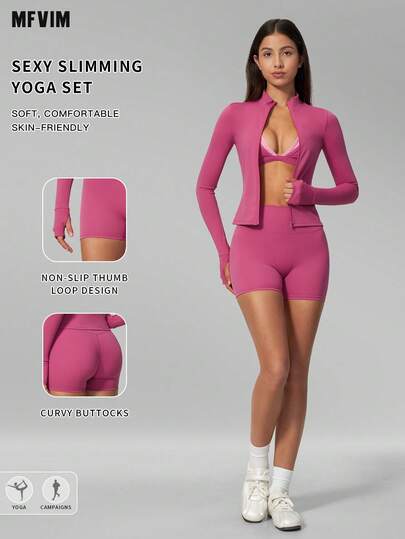 MFVIM Women's Triangle Cup Wireless Sports Bra, Shorts And Jacket 3-Piece Fitness Set