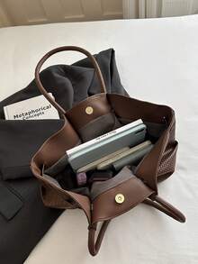 1pc Coffee Brown Summer New Metal Hardware Strap Decor Large Capacity Solid Color Woven Texture PU Tote Bag Women's Shoulder Bag - Coffee Brown - View 6