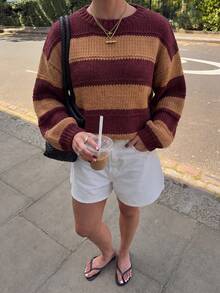 Burgundy And Camel Striped Chunky Knit Pullover Sweater, Women's Autumn Top - Multicolor - View 7
