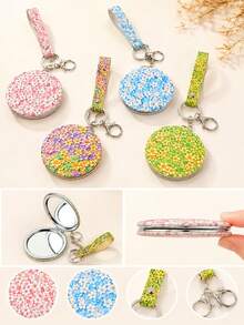 1pc Floral Portable Double-Sided Folding Makeup Mirror, Daily Makeup Mirror With Lanyard Keychain, Mini Pocket Mirror, Multi-Color Compact Mirror For Commuting, Business Trip, Travel, Anti-Drop Shell Magnifying Mirror, Can Be Hung On Bag - Multicolor - View 6