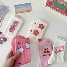 30/20/10/5 Pairs Pink Cute Flower Heart Letter Casual Mid-Calf Socks, Simple Versatile Ins Women's Socks, Suitable For Daily, Outdoor Wear With Canvas Shoes, Sports Shoes - Multicolor - View 4